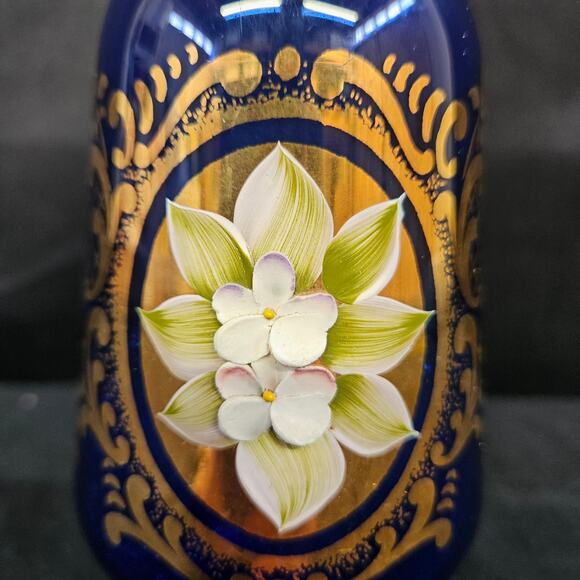 Hut Jakub Tasice Blue Cobalt Gilded Vase with Enamel Hand Painting Czech 8" - Picture 2 of 9